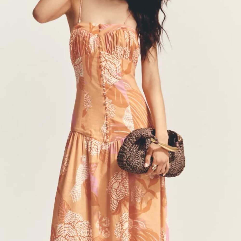 FARM RIO X ANTHROPOLOGIE LINEN BLEND STRAPLESS DROP-WAIST MAXI DRESS SZ: XL